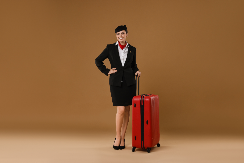 Cabin Crew Flight Attendant in a uniform with tights holding a red suitcase against a brown background